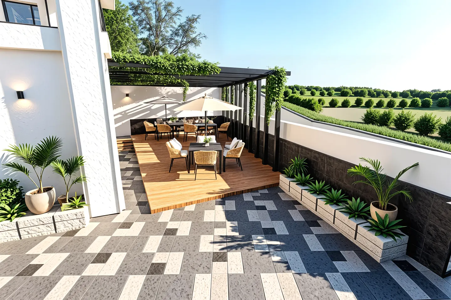 Render de pérgola y terraza en el Club House de Ruitoca Condominio Campestre