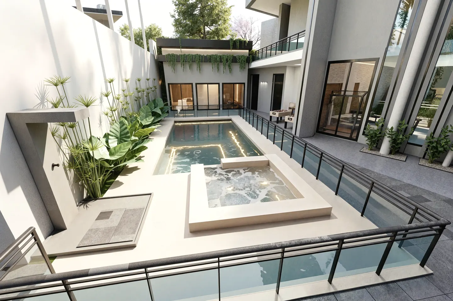 Render de piscina y jacuzzi en el Club House de Ruitoca Condominio Campestre