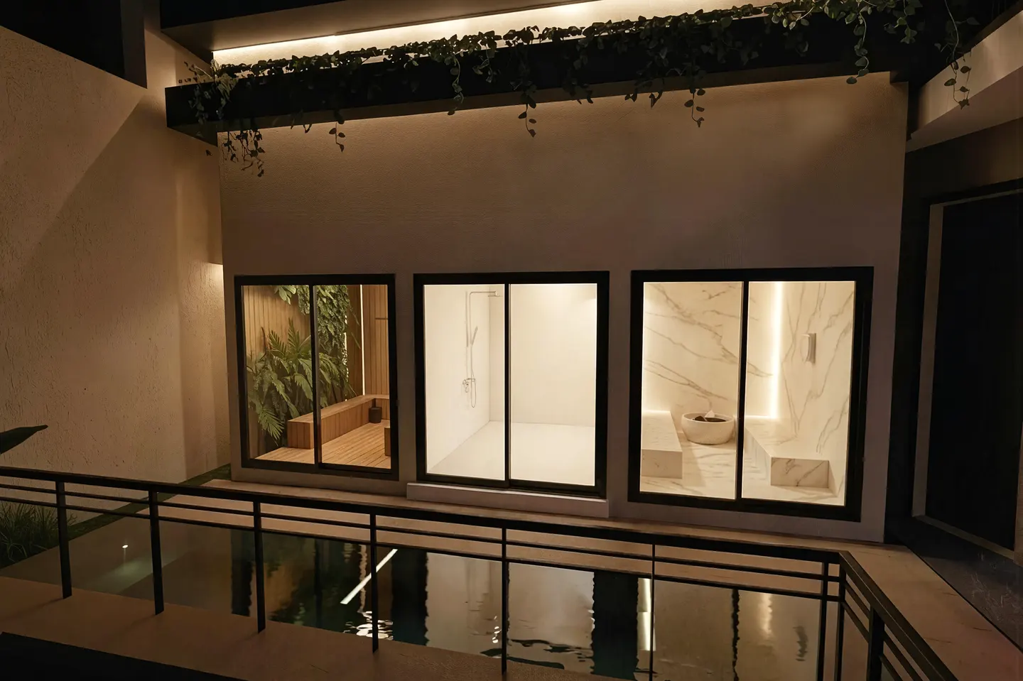 Render de sauna, turco y duchas en el Club House de Ruitoca Condominio Campestre