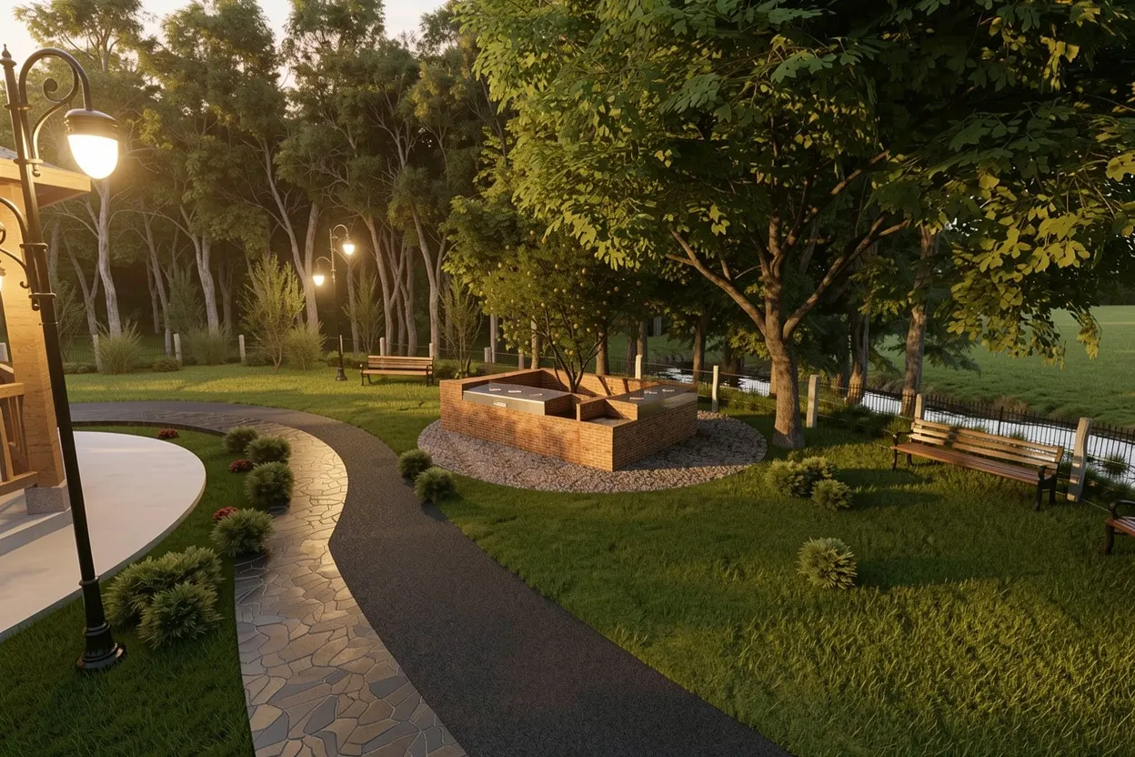 Render de zona bbq en el Club House de Ruitoca Condominio Campestre