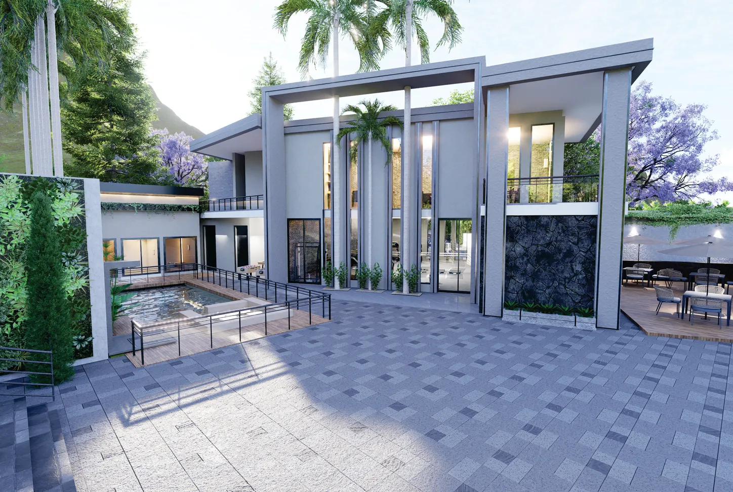 Exterior del Club House con piscina y terraza