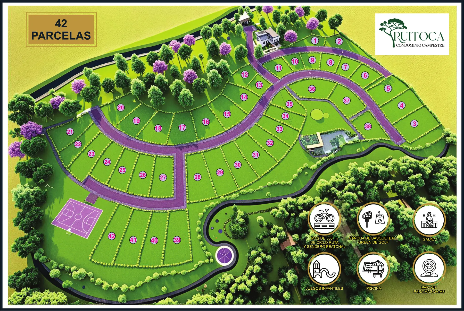 Plano de Ruitoca Condominio Campestre con las 42 parcelas numeradas, vías internas y zonas comunes